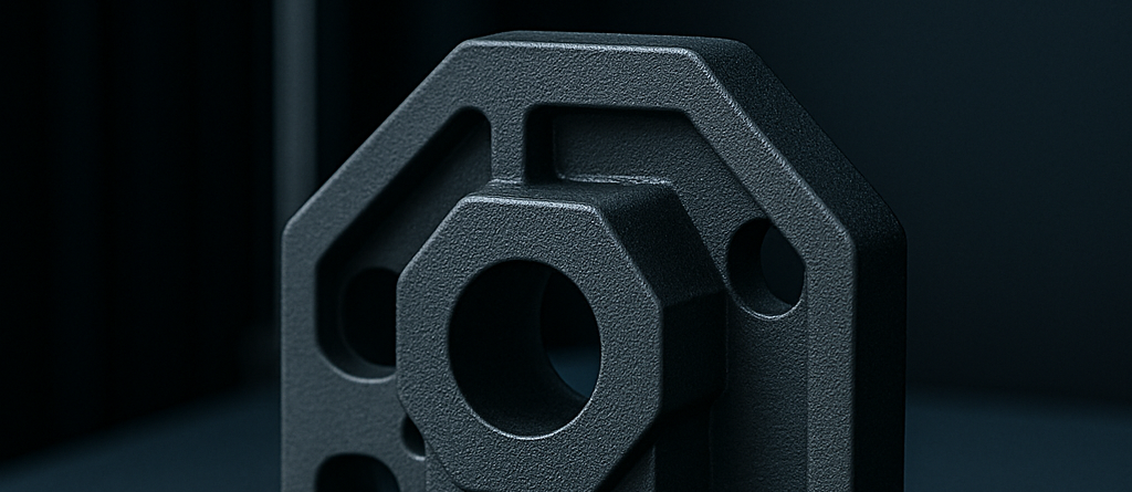 Schwarzes Bauteil aus Kunststoff mit mehreren Bohrungen und eckiger Form.