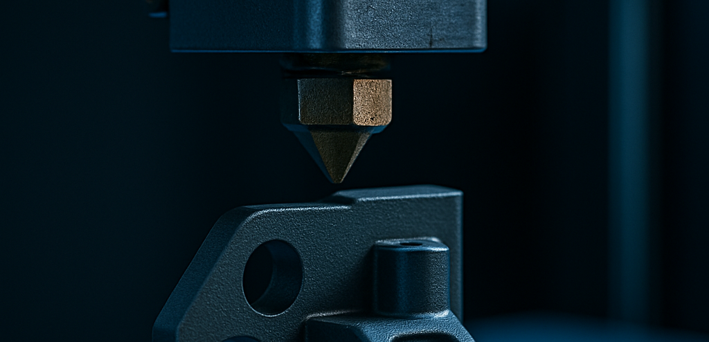 Detailaufnahme einer 3D Druckdüse über einem technischen Bauteil.