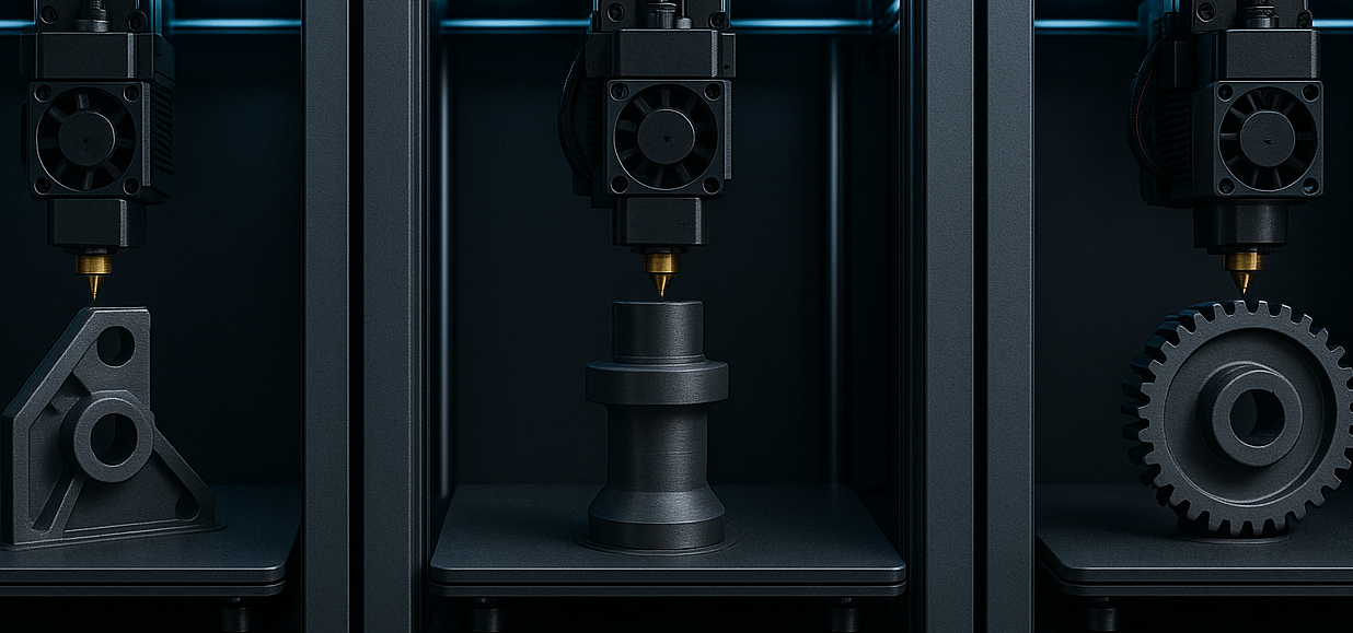 Drei 3D-Drucker mit verschiedenen gedruckten Bauteilen aus schwarzem Kunststoff.